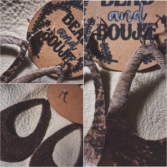 Genuine Brown & White Cow Hide Leather Cut Out Teardrop Dangle Earrings - Picture 8 of 12